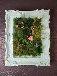 a white frame filled with moss and flowers