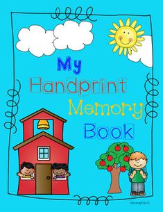 an image of a book cover for my handprint memory book with two children standing in front of a red house