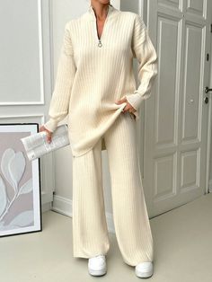 2pcs White Long Sleeve Half Zip Sweatshirt & Textured Vintage Casual Knitted Suit Cream Casual  Long Sleeve Knitwear Colorblock,Plain Pants Slight Stretch  Women Clothing, size features are:Bust: ,Length: ,Sleeve Length: Printed Tshirt Outfit, Pleated Set, Two Piece Loungewear, Knit Two Piece Set, Lapel Top, Printed Tshirt, Tshirt Outfit, Outfit For Women, Boutique Dress Designs