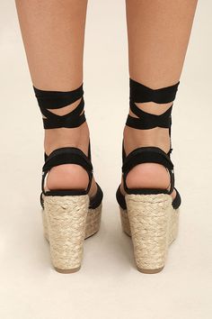 Stylish Black Wedges - Espadrille Wedges - Lace-Up Wedges Lace-up Espadrille Platform Heels, Lace-up Espadrille Wedge Sandals For Summer, Black Lace-up Wedge Sandals For Spring, Synthetic Wedge Heel Lace-up Sandals, Lace Up Espadrille Wedges, Lace-up Espadrille Platform Wedge Sandals, Lace Up Espadrilles, Lace Up Wedges, Black Wedges