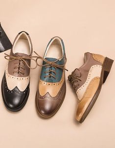 Real Leather Three Tone Lace-up Brogue Oxford Shoes Women — Obiono Retro Wingtip Oxfords For Fall, Retro Brogue Lace-up Shoes With Round Toe, Vintage Leather Shoes With Flat Heel For Office, Vintage Leather Flat Heel Shoes For Office, Vintage Flat Heel Leather Shoes For Office, Retro Lace-up Shoes With Brogue Detailing, Vintage Brogue Oxfords For Fall, Retro Brogue Oxfords With Lace-up Detailing, Vintage Oxfords With Brogue Detailing And Flat Heel