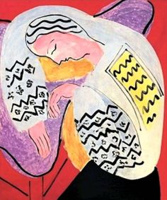 an abstract painting of a woman with her head in her hands, resting on a chair