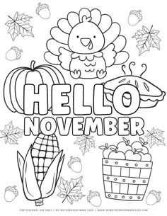 the hello november coloring page with an image of a turkey, corn and pumpkins