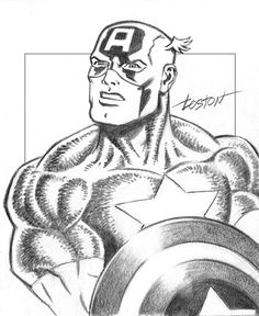 captain america pencil drawing with the avengers logo on his chest and shield in front of him