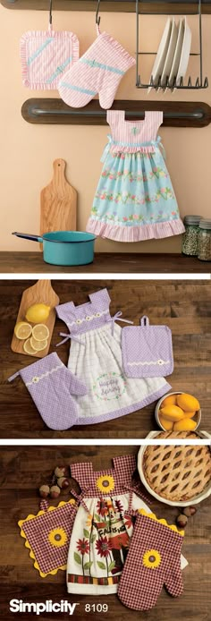 three different pictures of clothes and plates on the shelf in front of them, one with sunflowers