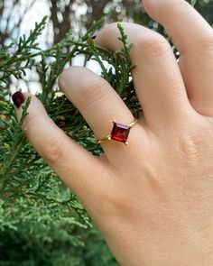 7 mm Princess / Square Red Garnet Dainty Ring, 14K Gold, Genuine Red Gemstone, 4 Prongs Modern Setting, Best Gift for Her, Handmade Ring ◎ Details ◎ ○ Gemstone Details .Natural RED GARNET Princess / Square Cut 7 mm x 7 mm approx. 1.85 ct ○ Gold Details 14K Solid Gold Weight of Ring : approx 3.00 gr Width of Band : 2.25 mm Made to Order HANDMADE ITEM ○ Upgrade to Solid 18K Gold, please click the link below: https://www.etsy.com/listing/962826004 ○ For more BIRTHSTONE Rings : https://etsy.me/2NNWR Red Garnet Ring, Dainty Band, Topaz Color, Best Gifts For Her, Red Gemstones, Ruby Jewelry, Garnet Rings, Red Garnet, Gold Details