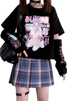 Black Or White Japanese Kawaii Women T-Shirt Long Sleeve Spring Autumn E Girl Outfits, Egirl Outfits, Girl Sleeves, E Girl, Japanese Streetwear, Anime Hoodie, Grunge Style, Kawaii Girl, Plaid Skirts