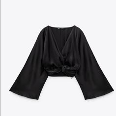 Nwt. Zara Black Knotted Satin Effect Crop Top With V-Neckline, Long Sleeves, Side Zipper Closure. Size S. Ref. 9221/845. Pit To Pit 18" Flat, Sleeves 26" From Neckline, Length 16". 1005 Black V-neck Top For Night Out, Casual V-neck Blouse For Evening, Elegant Cropped Zara Blouse, Elegant Cropped Blouse By Zara, Elegant Cropped Black Top, Black V-neck Top For Fall, Chic Black Stretch V-neck Top, Stretch V-neck Evening Blouse, Chic Black Long Sleeve V-neck Top