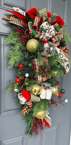 a christmas wreath hanging on the front door