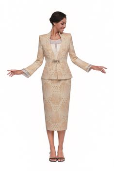 Serafina 4338 gold skirt suit Elegant Stretch Suits, Elegant Long Sleeve Stretch Suits, Festive Chic Fitted Sets, Elegant Evening Sets With Stretch, Elegant Stretch Sets For Evening, Spring Formal Stretch Sets, Tailored Beige Elegant Skirt Suit, Fitted Beige Suits For Fall, Fitted Beige Suit For Fall