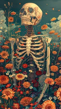 a painting of a skeleton surrounded by flowers