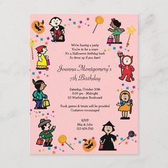 a pink birthday party card with cartoon characters on the front and bottom, including an image of