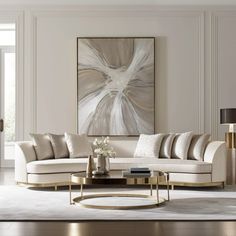 an elegant living room with white walls and beige furniture in the center, along with a large painting on the wall