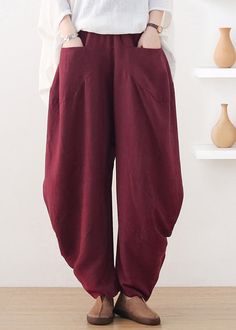 Plus Size Wine Red Pockets Wide Leg Pants FallFabric: Cotton 45%, Linen 55%Size & Fit: This garment fits true to size.Length: Size 3XL measures 37.83"from waist to hem.Waist:Fitted - elastic waist allows stretch Hip: Loosely Fitted. room for hips. Hand Wash Cold. Autumn Wine, Red Pocket, Fall Fabric, Chiffon Ruffle, Spring Shirts, Chiffon Shirt, Asymmetrical Design, Loose Tops, Lantern Sleeves