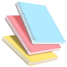 three notebooks stacked on top of each other in different colors and sizes, one is blank