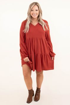 This dress will definitely win all your love! This dress has a solid brick color you can dress up or down for every occasion! It's comfortable for all-day wear, has a figure-flattering fit, and features a v-neck neckline! Style this dress with booties or heels for your next event! 80% Polyester, 15% Rayon, 5% Spandex Dress With Booties, Solid Brick, Brick Colors, Model Fits, Dress Details, The Details, Love This, Fall Outfits, Cold Shoulder Dress