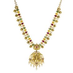 Adorn yourself with the elegance of gold temple jewelry craftsmanship by wearing this exquisite 22k gold and gemstone necklace by Virani Jewelers. Meticulously crafted with culture in mind, this radiant 22k gold necklace is a true masterpiece of temple jewelry. Indulge in the opulence of Virani's jewelry and elevate your ensemble with these gemstones.Features• 22k yellow gold• Emerald• Ruby• Pearl• Cubic zirconiaNecklace Specifications:• Minimum Width - 1.75 millimeters• Maximum Width - 53 milli Multicolor 22k Gold Necklaces For Celebration, Multicolor 22k Gold Temple Necklace For Festivals, Multicolor 22k Gold Necklace For Diwali, Traditional Multicolor 22k Gold Necklaces, Traditional Multicolor 22k Gold Necklace, 22k Gold Multi-stone Temple Jewelry Necklace, 22k Gold Multi-stone Temple Necklace, Yellow Gold Kundan Necklace For Rituals, Festive Gold Temple Necklace With Multi-stone