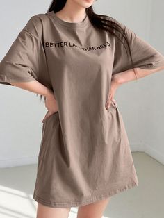 Khaki Casual Collar Half Sleeve Fabric Slogan Tee Embellished Slight Stretch  Women Clothing Casual Long Sleeve T-shirt Dress, Homewear Dress, Night Wear Dress, Fancy Short Dresses, Neat Casual Outfits, Korean Alphabet, Drop Shoulder Tee, Traje Casual, Slogan Tee