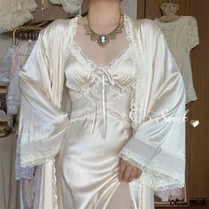 Olivia Mark - Vintage Silk Sensation Sweet and Soft Downton Manor Camisole Nightgown - Luxurious Skin-Friendly Sleepwear and Morning Robe Minecraft Dairies, Long Split Dress, Glow Tips, Royalcore Aesthetic, Roblox Clothes, Chemise Dress, Accessory Ideas, Fairy Dresses, Lace Nightgown