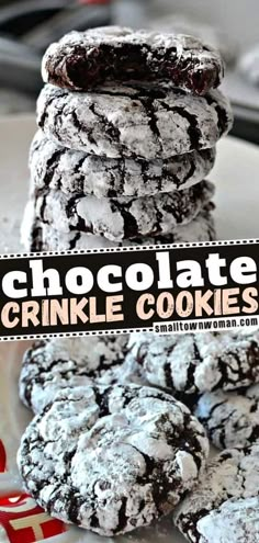 chocolate crinkle cookies stacked on top of each other with the title above it