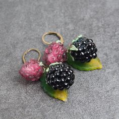 "These Blackberry & raspberry earrings glass fruit earrings dangle are good for casual outfits and for special occasions. Unique nature berry food earrings can be a great gift for mom birthday or a lovely treat for you! Dimensions: total length 1.6\" inch (4.2 cm). Materials: artist lampwork beads, metal fittings. Colors used: crimson, pink, purple, black, green. Please note, each bead is made by hand and may differ slightly. Please note that color is displayed differently on different scree Berry Colored Fruit Design Earrings For Gift, Berry-colored Fruit Design Earrings For Gift, Raspberry Earrings, Berry Earrings, Pomegranate Earrings, Pomegranate Jewelry, Nature Food, Plum Fruit, Gift For Mom Birthday