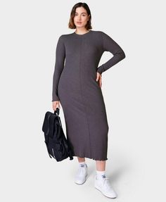 Our popular off-duty dress, now with long-sleeves. Ribbed fabric made from a breathable cotton blend. Slim fit with a flattering stretch. Crew neck and pleated lettuce hem. Model wears size L and is 178cm/5'10" tall. Style Code: SB9472Colour: Urban Grey Stretch Midi Dress For Fall Loungewear, Fall Stretch Midi Dress For Loungewear, Solid Long Sleeve Dress For Layering, Long Sleeve Solid Dress For Layering, Cotton Long Sleeve Dresses For Layering, Fitted Long Sleeve Cotton Dress, Ribbed Cotton Fall Dresses, Long Sleeve Ribbed Workwear Dresses, Ribbed Long Sleeve Day Dresses