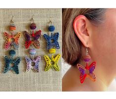 Mexican Mariposa Butterfly Earrings Handmade by Mayan Artisans These beautiful handmade earrings are made by Mexican artisans in the Mexican state of Chiapas. The earrings are lightweight and made with wire, which is spiral wrapped in cotton thread. Perfect statement earrings fo colorful summer outfits! They also make great gifts! Find us on... Facebook: Mayan Expressions Instagram: @mayanexpressions TikTok: @mayanexpressions Pinterest: Mayan Expressions Let us know if you have any questions! Multicolor Butterfly Earrings For Pierced Ears, Bohemian Adjustable Butterfly Earrings, Handmade Multicolor Butterfly Earrings, Unique Handmade Butterfly Earrings, Handmade Fusion Earrings For Festivals, Handmade Plug Earrings For Festivals As Gifts, Unique Multicolor Plug Earrings As Gift, Colorful Summer Outfits, Mariposa Butterfly