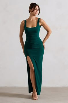 Kate | Bottle Green Square Neck Maxi Dress with Plunge Back and Side Thigh Split Green Square