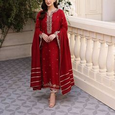 ✨KURTA This beautiful elegant deep red kurti has embellished with sequin beads and zari hand embroidery. ✨BOTTOM It has straight silk pant ✨DUPATTA Dupatta has beautiful lace  detailing on all for sides.  ✨This dress can be customise in any other colour and in all size, please contact us regarding any changes if you want.We will make this dress as per your choice. ✨We use high quality fabric and threads for embroidery.You won't face any problem in future regarding fading of colour or anything. You can use this outfit for many years.  ✨ Our dresses take little longer time, we take care of every minute details while manufacturing, so that our customers get full satisfaction when they receive the dress.  Your patience is important.  ✨There may be slight colour difference due high camera resol Red Heavy Suit, Red Designer Suits Indian, Pakistani Red Suit, Heavy Indian Suits, Heavy Suits For Wedding, Pakistani Nikah Dress, Heavy Pakistani Suits Party Wear, Red Pakistani Dress, Red Kurti Design