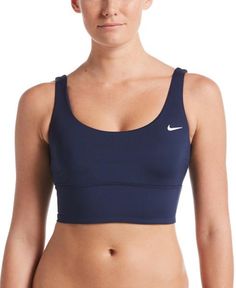 Nike Swim Women's Essential Scoop Neck Midkini Midkini Top Midnight Navy Sporty Tankini With Built-in Bra For Pool, Sporty Racerback Tankini With Built-in Bra, Sports Swimwear With Built-in Bra And Wide Straps, Sporty Swimwear With Built-in Bra For Workout, Nylon Sports Tankini, Functional Sports Swimwear With Adjustable Straps, Contoured Sporty Sports Bra, Nylon Swimwear With Built-in Bra For Workout, Sports Tankini With Moisture-wicking Material