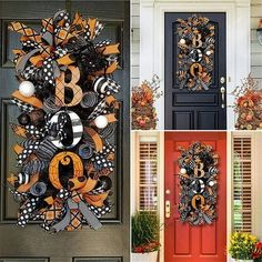 the front door is decorated with wreaths and decorations for halloween time, including pumpkins