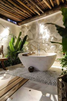 a large white bath tub sitting under a wooden ceiling