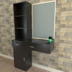 a bathroom vanity with a mirror and shelf in front of a brick wallpapered wall