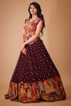 Maroon attached cancan lehenga with hand painted kalamkari border and embroidered glass beads. Paired with a padded peplum blouse with cream ajantha work, glass beads embroidery and pleat detailing on sleeves. - Aza Fashions Peplum Blouse Pattern, Kurta Lehenga, Kalamkari Designs, Kalamkari Blouse, Gown Party Wear, Long Gown Design, Casual Frocks, Lehenga Designs Simple, Half Saree Designs