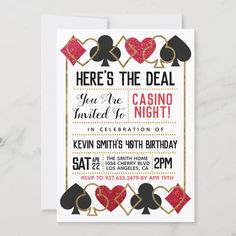 a casino themed birthday party with cards and dices on the front, in white paper