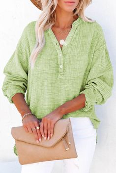 This long sleeve blouse screams casual fabulous with the 100% cotton blend and loose features. Features: Buttoned Sheer: Opaque Stretch: No stretch Material composition: 100% cotton Care instructions: Machine wash cold. Tumble dry low. Imported Product measurements: S: bust 41.3 in, shoulder 19.9 in, sleeve length 21.3 in, length 26 in, hem width 46 in M: bust 43.7 in, shoulder 21.1 in, sleeve length 21.5 in, length 27 in, hem width 48.8 in L: bust 46 in, shoulder 22.2 in, sleeve length 21.6 in, Cotton V-neck Blouse For Loungewear, Long Sleeve Cotton Top For Daywear, Everyday Solid Color Button-up Top, Solid Color Button-up Tops For Everyday, Cotton Long Sleeve Top For Daywear, Cute Long Sleeve Cotton Blouse, Cotton Long Sleeve Tops With Buttons, Cotton Relaxed Fit Long Sleeve Blouse, Relaxed Fit Cotton Blouse With Long Sleeves