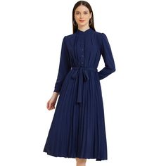 The mock neck adds a contemporary touch, while the pleated details bring texture and dimension to the garment. With its A-line silhouette and flowy midi length, this dress strikes the perfect balance between classic elegance and casual comfort. Suit for everyday wear or casual outings, this pleated shirt dress is a versatile wardrobe essential that can effortlessly transition from day to evening. Blue Pleated Waist Midi Dress, Semi-formal Spring Pleated Dress, Semi-formal Pleated Midi Dress, Spring Midi Dress With Accordion Pleats For Work, Spring Workwear Midi Dress With Accordion Pleats, Semi-formal Pleated Midi Dress For Fall, Long Sleeve Pleated Dress For Work, Semi-formal Midi Length Pleated Dress, Long Sleeve Pleated Dress With Accordion Pleats For Work