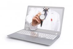 a doctor is holding a stethoscope in front of a laptop computer screen