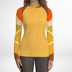 Women's UPF 50+ Rash Guard, Swim Shirt for Sun Protection in a cute 60s Mod Floral print. This swim shirt protects you from the sun, wind, and other elements while doing your favorite water sports. The slim fit, flat ergonomic seams, and longer body give extra comfort. Size tip: Petite and shorter torso lengths should consider sizing down. • 82% polyester, 18% spandex • 6.78 oz • Soft four-way stretch fabric • UPF 50+ • Comfortable longer body and sleeves • Flatseam and coverstitch Made to order Swim Capris, Swim Leggings, Perfect Leggings, Swim Shirt, Long Sleeve Swimsuit, Short Torso, Swim Shirts, 60s Mod, Swimsuit Set