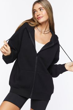 Fleece Zip-Up Hoodie Oversized Solid Hoodie With Zipper Closure, Oversized Solid Hoodie With Zipper, Fleece Hoodie With Zipper Closure, Black Outerwear With Kangaroo Pocket For Loungewear, Sporty Solid Color Hoodie With Zipper Closure, Solid Fleece Hooded Jacket For Loungewear, Solid Hooded Sweatshirt With Zipper Closure, Solid Color Hooded Sweatshirt With Zipper, Sporty Hooded Jacket With Kangaroo Pocket For Fall