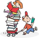 a boy pushing a stack of books on top of a cart with a girl holding a book