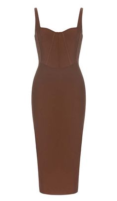 Make a bold fashion statement with our Waist-Tightening Corset Midi Dress in Brown! This dress is a perfect blend of vintage allure and modern sophistication. The corset-style waist-tightening feature enhances your figure. creating an hourglass... Earthy Dresses, Midi Dress Brown, Satin Corset Dress, Plunge Mini Dress, Celebrity Inspired Dresses, Corset Midi Dress, Dress Weights, Brown Design, Structured Design