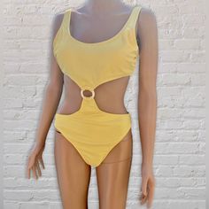 Nwt Gorgeous Yellow Monokini Perfect For The Pool Or Vacation!! Monokini Pulled Together By Plastic White Ring In The Center. Cutout One-piece Bodysuit For Beachwear, Summer Cutout Bodysuit For Swimming, Cutout Bodysuit For Summer Swimming, Summer Beach Tankini With Cutout, Summer Cutout Tankini For Beach, Cutout Sleeveless Tankini For Beach, Cutout Bodysuit For Swimming Beachwear Style, Sleeveless Cutout Tankini For Beach, Sleeveless Cutout Beach Tankini