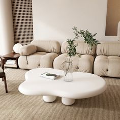 a living room filled with furniture and a plant in a vase on top of a coffee table