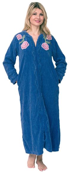 PRICES MAY VARY. 100% Cotton Chenille Zipper closure Machine Wash Authentic 100% Cotton Chenille 54" long, ankle length Tone on tone embroidery on cuffs and necklineá Fast and easy zipper closure/opening Machine Washable A-line Fine Soft Cotton Chenille robe, designed for comfortable loungewear. This Luxury 100% Cotton Chenille robe gently lines the body giving an airy sensation. Striped texture all over, wavy, textured border along neck with featured rose pink floral design along neckline. Victorian Nightgown, Vintage Pajamas, Robes For Women, Plus Size Robes, Bath Robes, Comfortable Loungewear, Peignoir Sets, Vintage Nightgown, Nightgowns