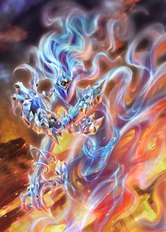 an abstract painting of a dragon with blue and orange colors on it's body