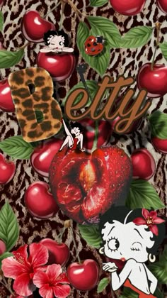 an image of apples and cherries on leopard print