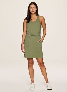 Olive Casual Stretch Dresses For Loungewear, Casual Stretch Dresses For Daywear, Casual Stretch Loungewear Dresses, Green Sleeveless Dress With Elastic Waistband, Casual Dresses With Drawstring And Relaxed Fit, Casual Dresses With Relaxed Fit And Drawstring, Casual Relaxed Fit Dresses With Drawstring, Sleeveless Cotton Dress With Elastic Waistband, Casual Cotton Loungewear Dress