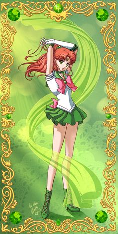 an anime character with long red hair wearing a green skirt and white shirt, standing in front of a gold frame