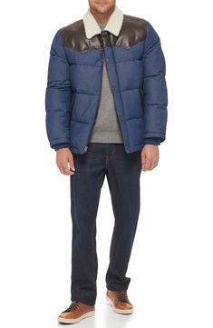 Crafted from cozy corduroy, this rugged quilted jacket gets iconic Western style from a faux-shearling collar and faux-leather trim at the yoke and pockets. 30" length (size Medium) Zip and snap placket Rib-knit inset cuffs Lined 100% cotton; 100% polyester faux shearling and faux leather Machine wash, tumble dry Imported Winter Denim Jacket With Button Closure, Winter Dark Wash Denim Jacket, Casual Dark Wash Winter Outerwear, Casual Dark Wash Outerwear For Winter, Fall Cotton Quilted Jacket With Padded Collar, Casual Dark-colored Outerwear For Winter, Winter Denim Outdoor Outerwear, Casual Quilted Winter Jacket With Button Closure, Winter Outdoor Denim Outerwear